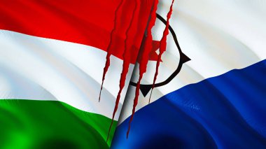 Yara izi olan Macaristan ve Bonaire bayrakları. Dalgalanan bayrak, 3 boyutlu görüntüleme. Macaristan ve Bonaire çatışma konsepti. Macaristan Bonaire ilişkileri kavramı. Macaristan bayrağı ve Bonaire krizi, savaş, saldırı konsepti