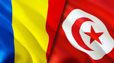 Romanya ve Tunus bayrakları. 3 boyutlu dalgalanan bayrak tasarımı. Romanya Tunus bayrağı, resim, duvar kağıdı. Romanya Tunus 'a karşı imaj, 3D görüntüleme. Romanya Tunus ilişkileri ittifak ve ticaret, seyahat ve turizm consepti
