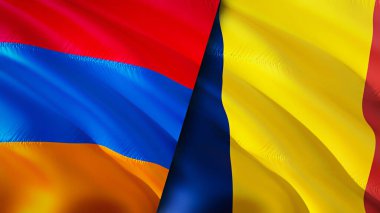 Ermenistan ve Chad bayrakları. 3 boyutlu dalgalanan bayrak tasarımı. Ermenistan Çad bayrağı, resim, duvar kağıdı. Ermenistan, Chad 'e karşı, görüntü 3 boyutlu. Ermenistan Çad ilişkileri ittifak ve ticaret, seyahat, turizm kavramı