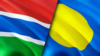 Gambiya ve Palau bayrakları. 3 boyutlu dalgalanan bayrak tasarımı. Gambia Palau bayrağı, resim, duvar kağıdı. Gambiya, Palau 'ya karşı, görüntü 3 boyutlu. Gambiya Palau ilişkileri ittifak ve ticaret, seyahat, turizm konsepti