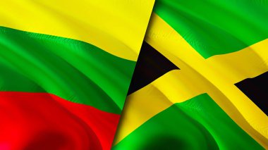 Litvanya ve Jamaika bayrakları. 3 boyutlu dalgalanan bayrak tasarımı. Litvanya Jamaika bayrağı, resim, duvar kağıdı. Litvanya, Jamaika imajına karşı, 3 boyutlu canlandırma. Litvanya Jamaika ilişkileri ittifak ve ticaret, seyahat, turnuva