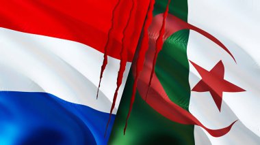 Hollanda ve Cezayir bayrakları ve yara izi konsepti. Dalgalanan bayrak, 3 boyutlu görüntüleme. Hollanda ve Cezayir çatışma konsepti. Hollanda Cezayir ilişkileri kavramı. Hollanda ve Algeri bayrağı