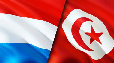 Lüksemburg ve Tunus bayrakları. 3 boyutlu dalgalanan bayrak tasarımı. Lüksemburg Tunus bayrağı, resim, duvar kağıdı. Lüksemburg Tunus 'a karşı görüntü, 3D görüntüleme. Lüksemburg Tunus ilişkileri ittifakı