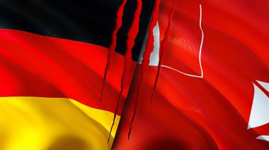 Almanya, Wallis ve Futuna bayrakları yara izi konseptiyle. Dalgalanan bayrak, 3 boyutlu görüntüleme. Almanya ve Wallis ve Futuna çatışma konsepti. Almanya Wallis ve Futuna ilişkileri kavramı. Alman bayrağı.