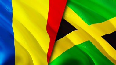 Romanya ve Jamaika bayrakları. 3 boyutlu dalgalanan bayrak tasarımı. Romanya Jamaika bayrağı, resim, duvar kağıdı. Romanya Jamaika 'ya karşı imaj, 3D görüntüleme. Romanya Jamaika ilişkileri ittifak ve Ticaret, seyahat ve turizm consepti