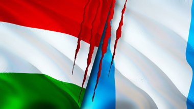 Yara izi olan Macaristan ve Guatemala bayrakları. Dalgalanan bayrak, 3 boyutlu görüntüleme. Macaristan ve Guatemala çatışma konsepti. Macaristan Guatemala ilişkileri kavramı. Macaristan ve Guatemala bayrağı krizi, savaş, attac