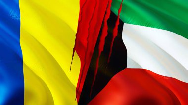 Romanya ve Kuveyt yara izi konseptli bayraklar. Dalgalanan bayrak, 3 boyutlu görüntüleme. Romanya ve Kuveyt çatışma konsepti. Romanya Kuveyt ilişkileri kavramı. Romanya bayrağı ve Kuveyt krizi, savaş, saldırı konsepti