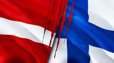 Letonya ve Finlandiya yara izi olan bayraklar. Dalgalanan bayrak, 3 boyutlu görüntüleme. Letonya ve Finlandiya çatışma konsepti. Letonya-Finlandiya ilişkileri kavramı. Letonya ve Finlandiya bayrağı krizi, savaş, saldırı konsepti