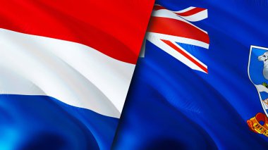 Hollanda ve Falkland Adaları bayrakları. 3 boyutlu dalgalanan bayrak tasarımı. Hollanda Falkland Adaları bayrağı, resmi, duvar kağıdı. Hollanda, Falkland Adaları 'na karşı. Görüntü 3D. Hollanda Falkland Adası