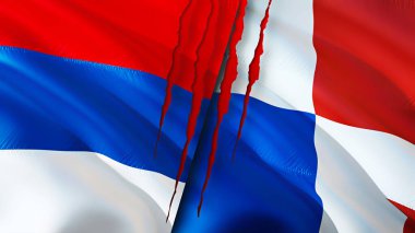 Sırbistan ve Panama yara izi kavramına sahip bayraklar. Dalgalanan bayrak, 3 boyutlu görüntüleme. Sırbistan ve Panama ihtilafı kavramı. Sırbistan Panama ilişkileri kavramı. Sırbistan bayrağı ve Panama krizi, savaş, saldırı konsepti