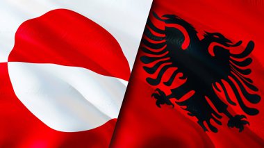 Grönland ve Arnavutluk bayrakları. 3 boyutlu dalgalanan bayrak tasarımı. Grönland Arnavutluk bayrağı, resim, duvar kağıdı. Grönland Arnavutluk 'a karşı, görüntü 3D. Grönland Arnavutluk ilişkileri ittifak ve ticaret, seyahat, turnuva