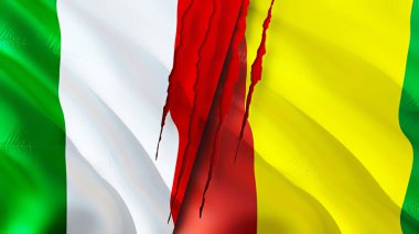 Yara izi olan İtalya ve Gine bayrakları. Dalgalanan bayrak, 3 boyutlu görüntüleme. İtalya ve Gine çatışması konsepti. İtalya Gine ilişkileri kavramı. İtalya ve Gine bayrağı krizi, savaş, saldırı konsepti