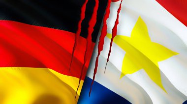 Almanya ve Saba adaları yara izi kavramına sahip bayraklar. Dalgalanan bayrak, 3 boyutlu görüntüleme. Almanya ve Saba Adası çatışma konsepti. Almanya Saba Adası ilişkileri kavramı. Almanya ve Saba Adaları bayrağı