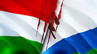Yara izi olan Macaristan ve Lesotho bayrakları. Dalgalanan bayrak, 3 boyutlu görüntüleme. Macaristan ve Lesotho çatışma konsepti. Macaristan Lesotho ilişkileri kavramı. Macaristan bayrağı ve Lesotho krizi, savaş, saldırı konsepti