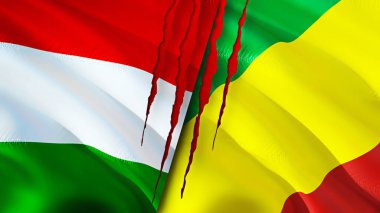 Yara izi olan Macaristan ve Kongo bayrakları. Dalgalanan bayrak, 3 boyutlu görüntüleme. Macaristan ve Kongo çatışma konsepti. Macaristan Kongo ilişkileri kavramı. Macaristan ve Kongo bayrağı krizi, savaş, saldırı konsepti