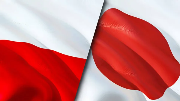 Poland and Japan flags. 3D Waving flag design. Poland Japan flag, picture, wallpaper. Poland vs Japan image,3D rendering. Poland Japan relations alliance and Trade,travel,tourism concep