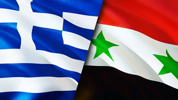 Greece and Syria flags. 3D Waving flag design. Greece Syria flag, picture, wallpaper. Greece vs Syria image,3D rendering. Greece Syria relations alliance and Trade,travel,tourism concep