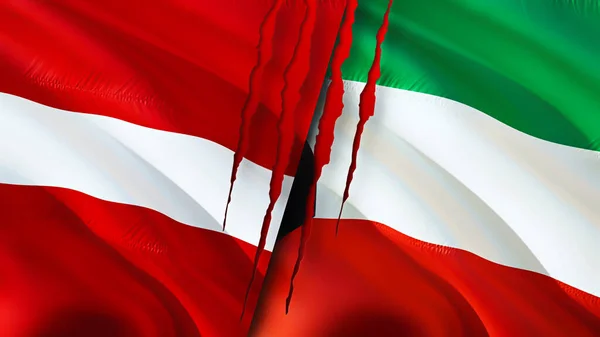 Latvia and Kuwait flags with scar concept. Waving flag,3D rendering. Latvia and Kuwait conflict concept. Latvia Kuwait relations concept. flag of Latvia and Kuwait crisis,war, attack concep