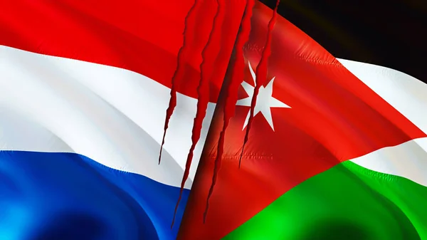 Netherlands and Jordan flags with scar concept. Waving flag,3D rendering. Netherlands and Jordan conflict concept. Netherlands Jordan relations concept. flag of Netherlands and Jordan crisis,war