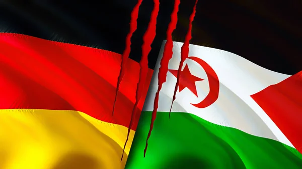 Germany and Western Sahara flags with scar concept. Waving flag,3D rendering. Germany and Western Sahara conflict concept. Germany Western Sahara relations concept. flag of Germany and Wester