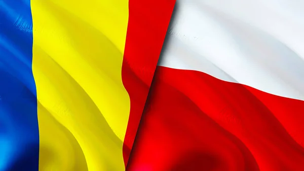 Romania and Poland flags. 3D Waving flag design. Romania Poland flag, picture, wallpaper. Romania vs Poland image,3D rendering. Romania Poland relations alliance and Trade,travel,tourism concep