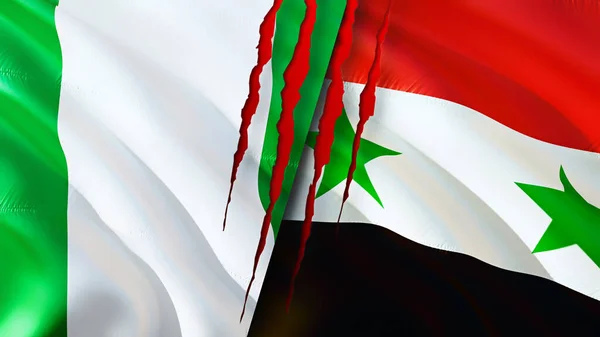 Nigeria and Syria flags with scar concept. Waving flag,3D rendering. Nigeria and Syria conflict concept. Nigeria Syria relations concept. flag of Nigeria and Syria crisis,war, attack concep