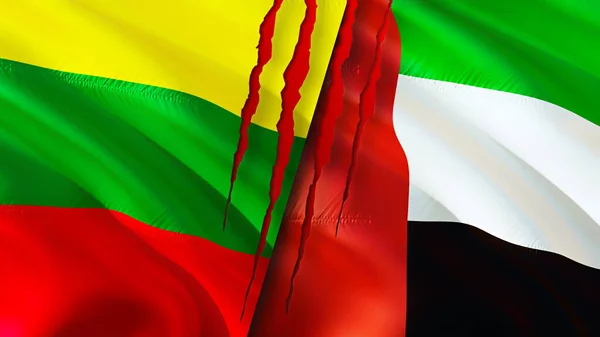 Lithuania and United Arab Emirates flags with scar concept. Waving flag,3D rendering. Lithuania and United Arab Emirates conflict concept. Lithuania United Arab Emirates relations concept. flag o