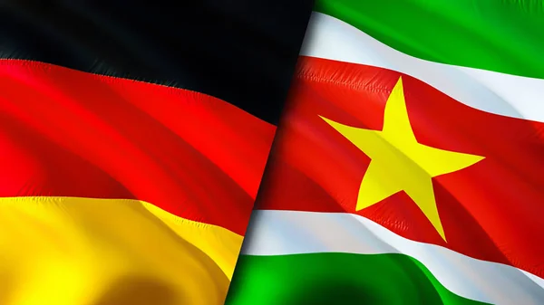 Germany and Suriname flags. 3D Waving flag design. Germany Suriname flag, picture, wallpaper. Germany vs Suriname image,3D rendering. Germany Suriname relations alliance and Trade,travel,touris