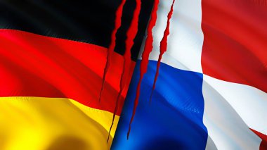 Almanya ve Panama yara izi kavramına sahip bayraklar. Dalgalanan bayrak, 3 boyutlu görüntüleme. Almanya ve Panama çatışma konsepti. Almanya Panama ilişkileri kavramı. Alman bayrağı ve Panama krizi, savaş, saldırı konsepti