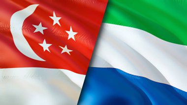 Singapur ve Sierra Leone bayrakları. 3 boyutlu dalgalanan bayrak tasarımı. Singapur Sierra Leone bayrağı, resim, duvar kağıdı. Singapur, Sierra Leone 'ye karşı, görüntü 3 boyutlu. Singapur Sierra Leone ilişkileri