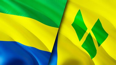 Gabon, Saint Vincent ve Grenadines bayrakları. 3 boyutlu dalgalanan bayrak tasarımı. Gabon Saint Vincent ve Grenadines bayrağı, resim, duvar kağıdı. Gabon vs Saint Vincent ve Grenadines görüntüsü, 3