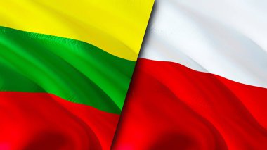 Litvanya ve Polonya bayrakları. 3 boyutlu dalgalanan bayrak tasarımı. Litvanya Polonya bayrağı, resim, duvar kağıdı. Litvanya, Polonya 'ya karşı. Görüntü 3 boyutlu. Litvanya Polonya ilişkileri ittifak ve ticaret, seyahat, turnuva