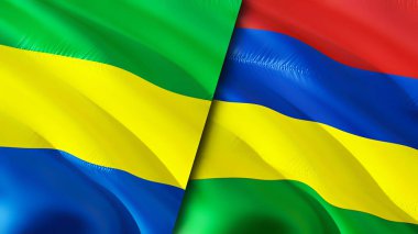 Gabon ve Mauritius bayrakları. 3 boyutlu dalgalanan bayrak tasarımı. Gabon Mauritius bayrağı, resim, duvar kağıdı. Gabon, Mauritius 'a karşı. Görüntü 3 boyutlu. Gabon Mauritius ilişkileri ittifak ve ticaret, seyahat, turizm konsepti