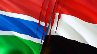 Gambiya ve Yemen bayraklarında yara izi var. Dalgalanan bayrak, 3 boyutlu görüntüleme. Gambiya ve Yemen çatışma konsepti. Gambiya Yemen ilişkileri kavramı. Gambiya ve Yemen bayrağı kriz, savaş, saldırı konsepti