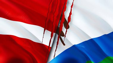 Yara izi olan Letonya ve Lesotho bayrakları. Dalgalanan bayrak, 3 boyutlu görüntüleme. Letonya ve Lesotho çatışma konsepti. Letonya Lesotho ilişkileri kavramı. Letonya bayrağı ve Lesotho krizi, savaş, saldırı konsepti