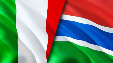 İtalya ve Gambiya bayrakları. 3 boyutlu dalgalanan bayrak tasarımı. İtalya Gambiya bayrağı, resim, duvar kağıdı. İtalya Gambiya 'ya karşı, görüntü 3 boyutlu. İtalya Gambiya ilişkileri ittifak ve ticaret, seyahat, turizm konsepti