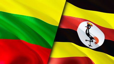 Litvanya ve Uganda bayrakları. 3 boyutlu dalgalanan bayrak tasarımı. Litvanya Uganda bayrağı, resim, duvar kağıdı. Litvanya, Uganda görüntüsüne karşı, 3 boyutlu canlandırma. Litvanya Uganda ilişkileri ittifak ve ticaret, seyahat, turnuva