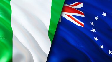 Nijerya ve Cook Adaları bayrakları. 3 boyutlu dalgalanan bayrak tasarımı. Nijerya Cook Adaları bayrağı, resim, duvar kağıdı. Nijerya, Cook Adaları 'na karşı. Görüntü 3 boyutlu. Nijerya Cook Adaları ilişkileri