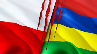 Polonya ve Mauritius yara izi olan bayraklar. Dalgalanan bayrak, 3 boyutlu görüntüleme. Polonya ve Mauritius çatışma konsepti. Polonya Mauritius ilişkileri kavramı. Polonya bayrağı ve Mauritius krizi, savaş, attac