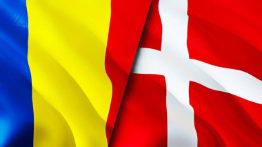 Romanya ve Danimarka bayrakları. 3 boyutlu dalgalanan bayrak tasarımı. Romanya bayrağı, resmi, duvar kağıdı. Romanya, Danimarka imajına karşı, 3D görüntüleme. Romanya 'da ilişkiler ittifak ve ticaret, seyahat ve turizm konsepti