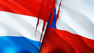 Yara izi olan Lüksemburg ve Şili bayrakları. Dalgalanan bayrak, 3 boyutlu görüntüleme. Lüksemburg ve Şili çatışması konsepti. Lüksemburg Şili ilişkileri kavramı. Lüksemburg bayrağı ve Şili krizi, savaş, attac