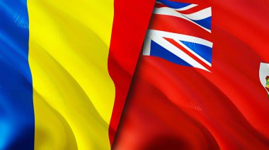 Romanya ve Bermuda bayrakları. 3 boyutlu dalgalanan bayrak tasarımı. Romanya Bermuda bayrağı, resim, duvar kağıdı. Romanya, Bermuda 'ya karşı, görüntü 3 boyutlu. Romanya Bermuda ilişkileri ittifak ve ticaret, seyahat ve turizm consepti