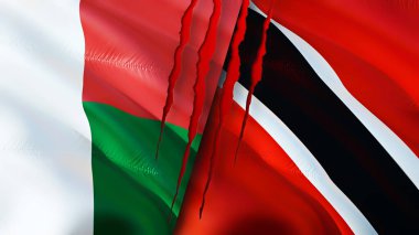 Madagaskar, Trinidad ve Tobago bayrakları yara izi konseptiyle. Dalgalanan bayrak, 3 boyutlu görüntüleme. Madagaskar ve Trinidad ve Tobago çatışma konsepti. Madagaskar Trinidad ve Tobago ilişkileri kavramı. bayrak o