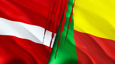 Yara izi olan Letonya ve Benin bayrakları. Dalgalanan bayrak, 3 boyutlu görüntüleme. Letonya ve Benin çatışma konsepti. Letonya Benin ilişkileri kavramı. Letonya ve Benin bayrağı kriz, savaş, saldırı konsepti