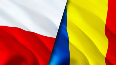 Polonya ve Romanya bayrakları. 3 boyutlu dalgalanan bayrak tasarımı. Polonya Romanya bayrağı, resim, duvar kağıdı. Polonya, Romanya 'ya karşı 3 boyutlu görüntü oluşturdu. Polonya ile Romanya ilişkileri ittifak ve Ticaret, seyahat ve turizm kavramları