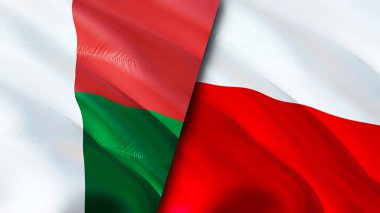 Madagaskar ve Polonya bayrakları. 3 boyutlu dalgalanan bayrak tasarımı. Madagaskar Polonya bayrağı, resim, duvar kağıdı. Madagaskar, Polonya 'ya karşı. Görüntü 3 boyutlu. Madagaskar Polonya ilişkileri ittifak ve ticaret, seyahat, turnuva