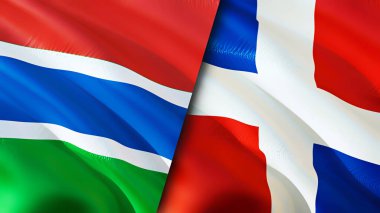 Gambiya ve Dominik Cumhuriyeti bayrakları. 3 boyutlu dalgalanan bayrak tasarımı. Gambiya Dominik Cumhuriyeti bayrağı, resim, duvar kağıdı. Gambiya, Dominik Cumhuriyeti imajına karşı, 3 boyutlu canlandırma. Gambiya Dominik Cumhuriyeti ilişkisi