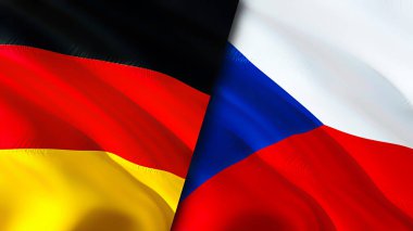 Almanya ve Çek bayrakları. 3 boyutlu dalgalanan bayrak tasarımı. Almanya Çek bayrağı, resim, duvar kağıdı. Almanya, Çek imajına karşı, 3D görüntüleme. Almanya Çek ilişkileri ittifak ve ticaret, seyahat, turizm konsepti