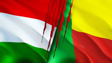 Yara izi olan Macaristan ve Benin bayrakları. Dalgalanan bayrak, 3 boyutlu görüntüleme. Macaristan ve Benin çatışma konsepti. Macar Benin ilişkileri kavramı. Macaristan ve Benin bayrağı kriz, savaş, saldırı konsepti