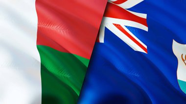 Madagaskar ve Anguilla bayrakları. 3 boyutlu dalgalanan bayrak tasarımı. Madagaskar Anguilla bayrağı, resim, duvar kağıdı. Madagaskar, Anguilla 'ya karşı, görüntü 3 boyutlu. Madagaskar Anguilla ilişkileri
